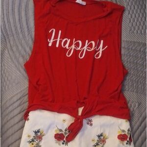 Red happy sleeveless cropped tie at the waist top